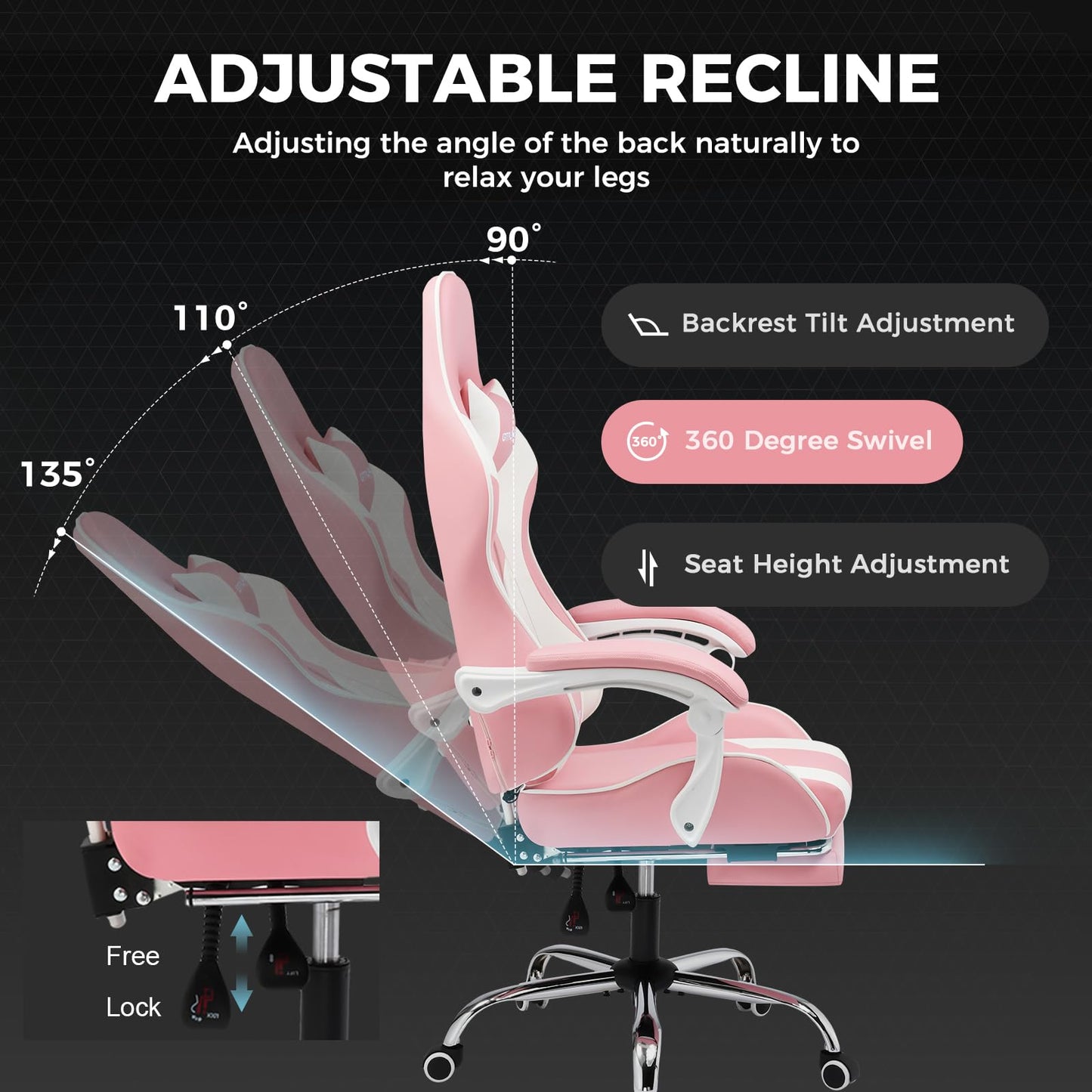 GTPLAYER Gaming Chair, Computer Chair with Footrest and Lumbar Support, Height Adjustable Game Chair with 360°-Swivel Seat and Headrest and for Office or Gaming (Pearl White)