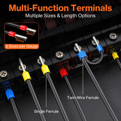 Preciva Ferrule Crimping Tool Kit - AWG 28-5 Hexagonal Ferrule Crimper with Automatic Wire Stripper and 1375Pcs Single/Twin Ferrule Connectors, Self-Adjustable Ratchet Ferrule Terminals Crimping Tool