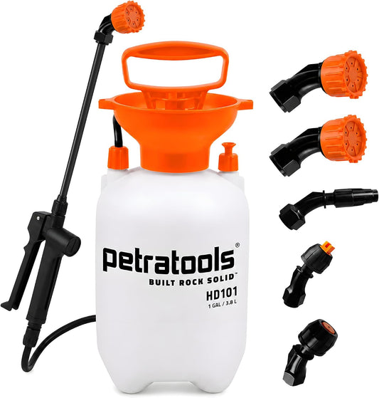 Petratools 1 Gallon Pump Sprayer – HD101 Garden Sprayer for Weeds, Lawn Care & Pesticides – 52” Long Hose, 2 Nozzles & Easy Carry Handle – Durable & Lightweight