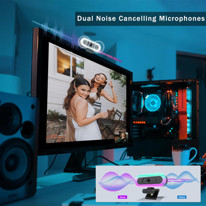 2K Webcam for PC with Microphone/Ring Light,USB C Computer Camera | Webcam with RGB/White Light/Cover,Autofocus,65°FOV, PC Web Camera for Desktop Computer Video Meeting/Gaming Streaming