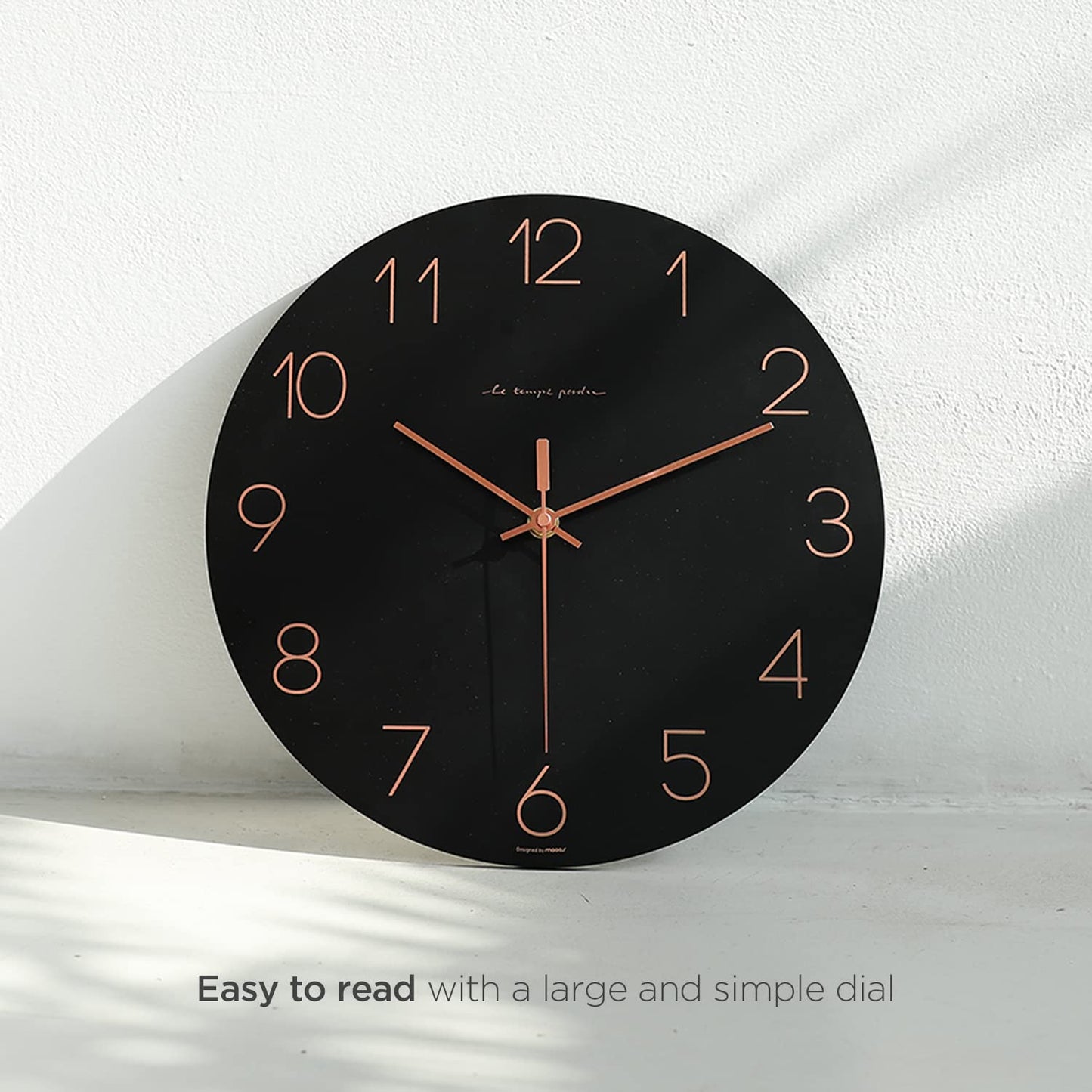 mooas Wooden Frame Flatwood Wall Clock,12" Non-Ticking Sweep Movement Decorative Battery Operated Wall Clock for Home Living Room Kitchen Bedroom Office School (Dark Brown)
