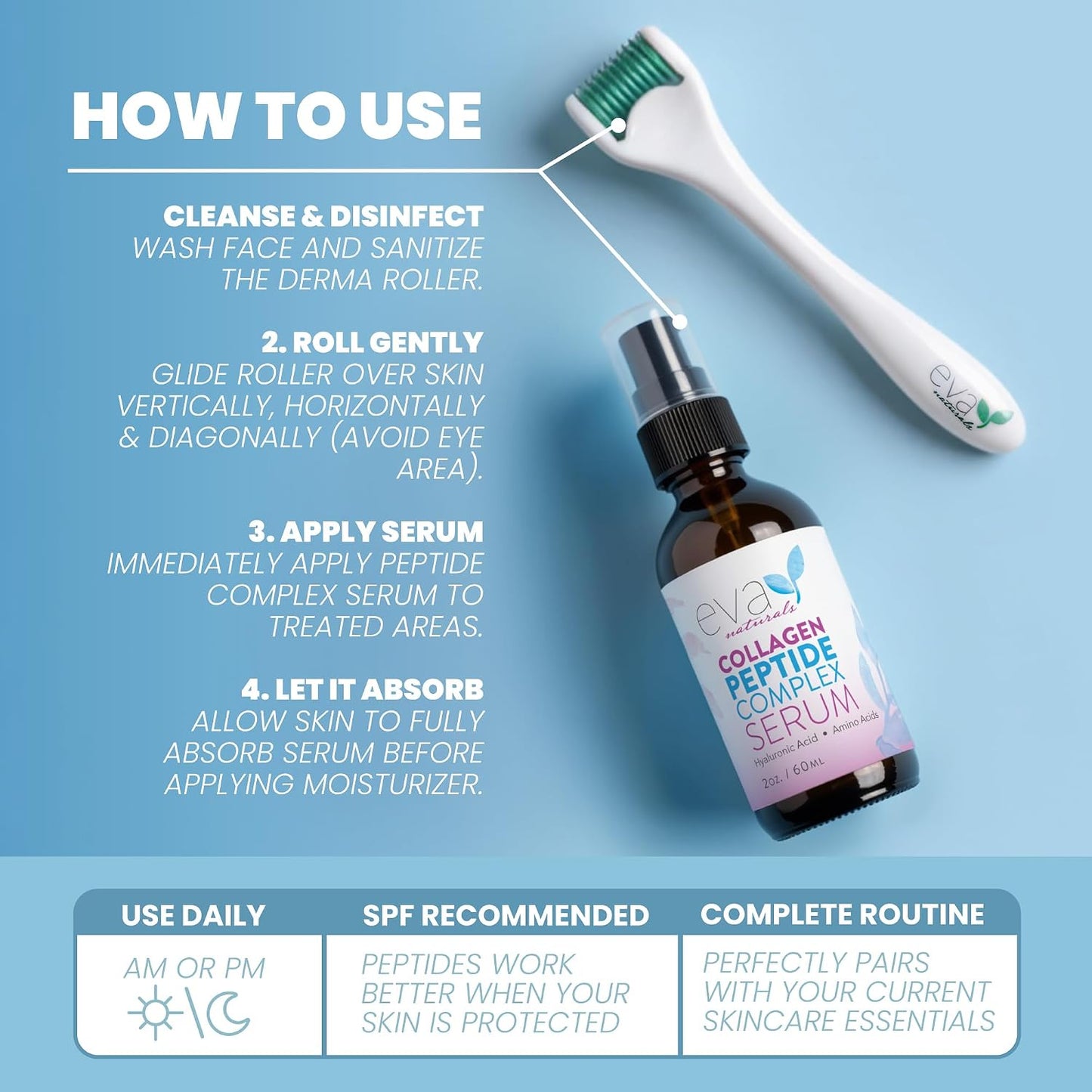 Collagen Serum for Face by Eva Naturals - Anti Aging Multi Peptide Face Serum with Hyaluronic Acid - Firming Hydrating Wrinkle Reducer Peptide Serum for Women & Men - Fragrance Free 2 oz