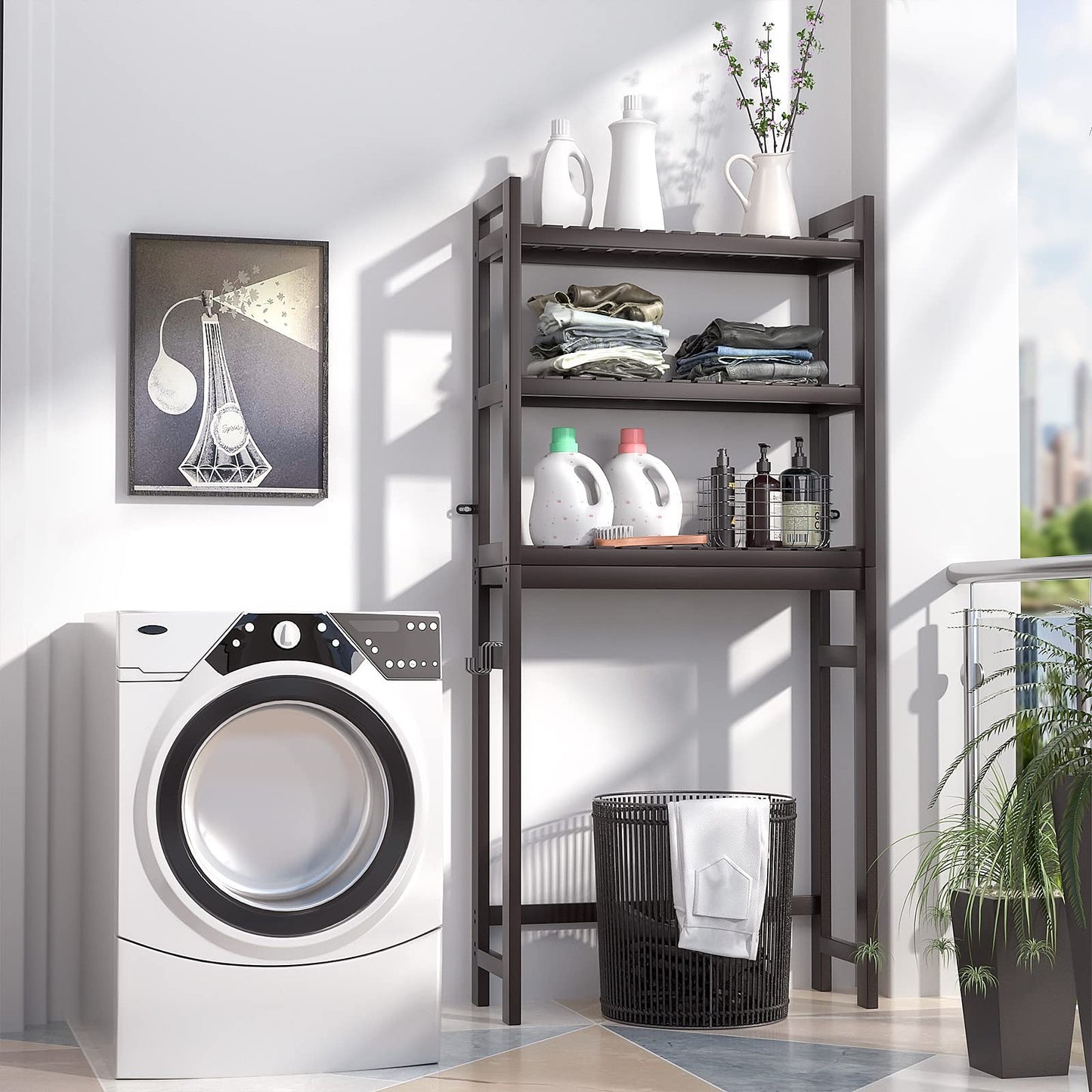 Homykic Over The Toilet Storage, Bamboo Over Toilet Bathroom Organizer Rack, Freestanding Bathroom Shelves Above Toilet Storage with 3 Hooks, Bathroom Space Saver, No Rust, Easy to Assemble, White