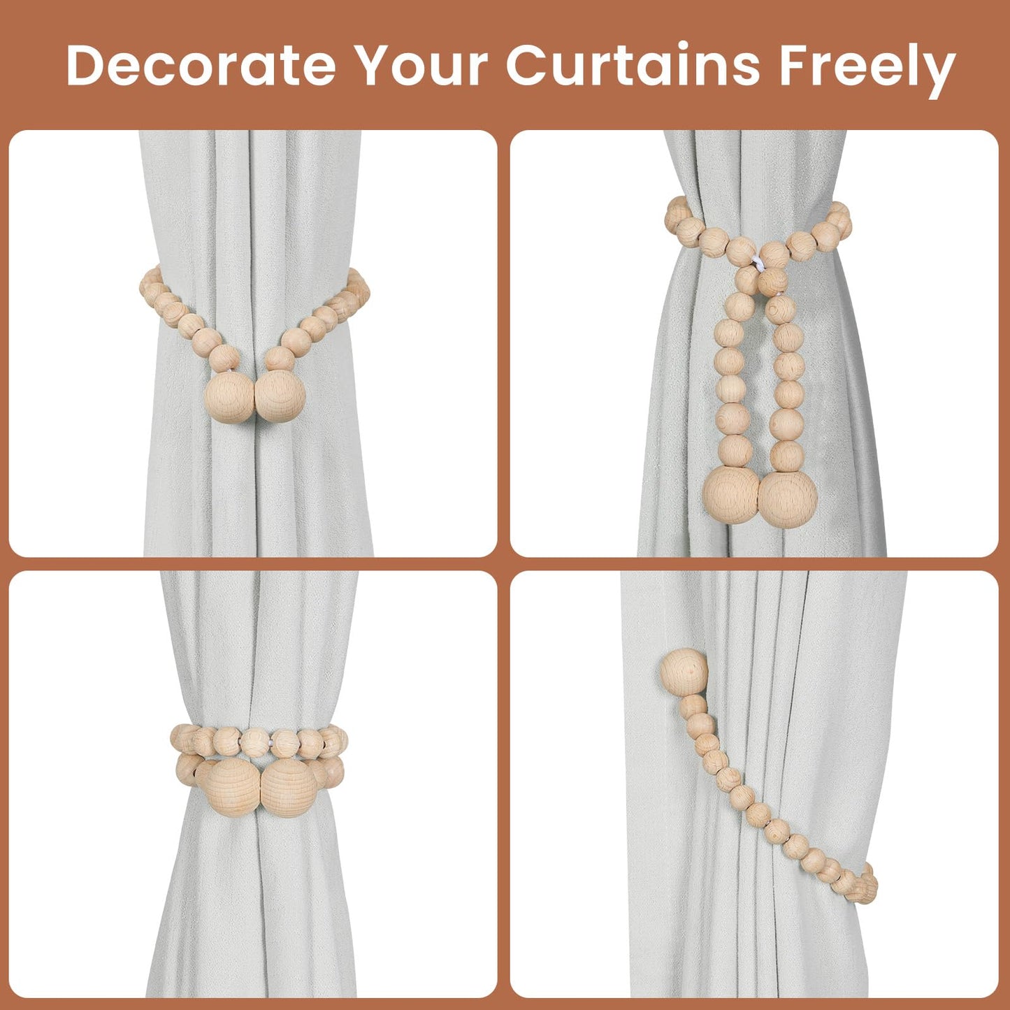 KLOGTSIND Magnetic Curtain Tiebacks, Curtain Holdbacks for Curtains 2 Pack, Wood Bead Curtain Holders for Boho Bedroom Decor, Baby Nursery Decor, Farmhouse Decor