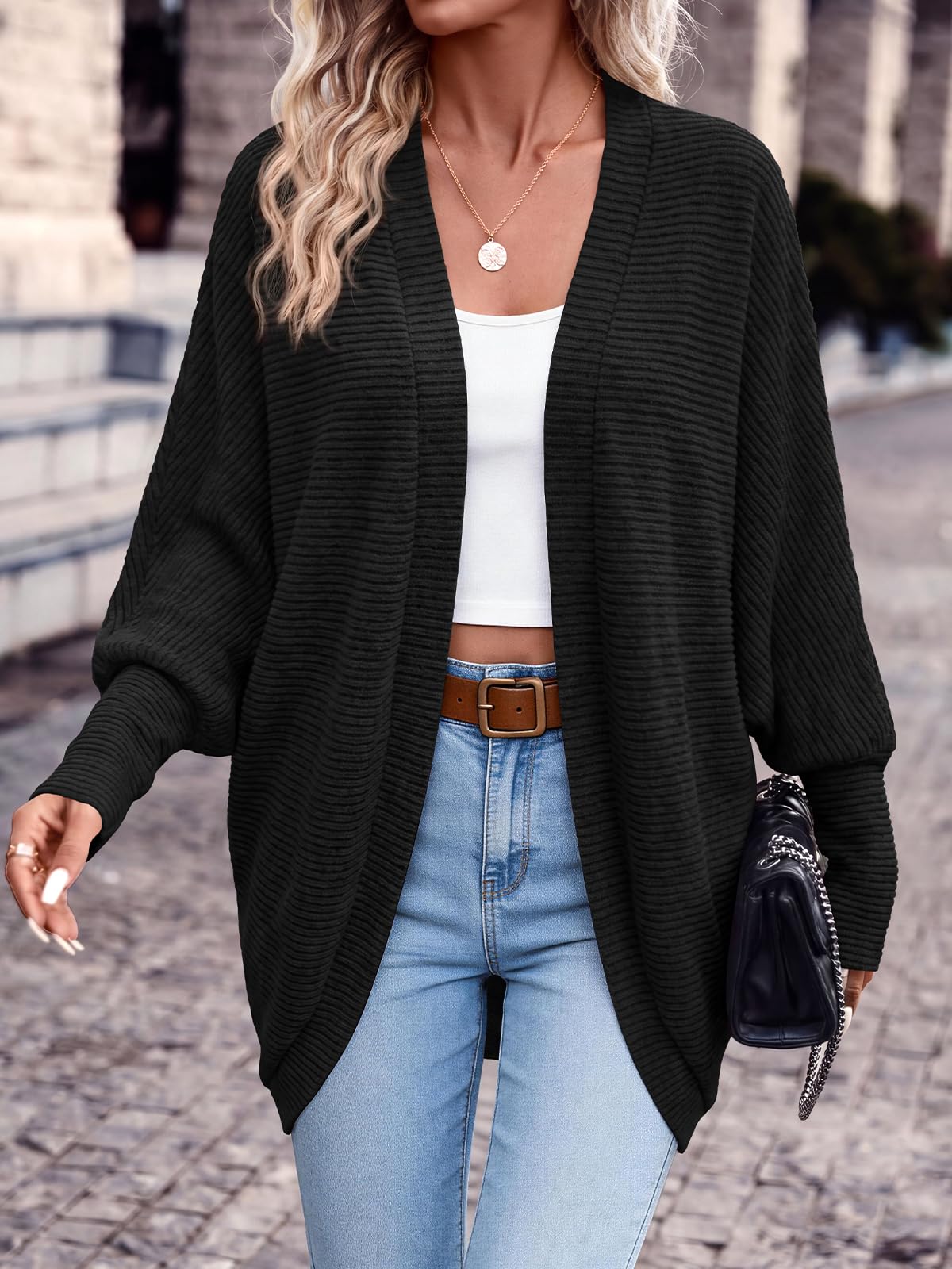 PRETTYGARDEN Batwing Long Sleeve Lightweight Cardigan Sweaters for Women | Casual Open Front Long Cardigans, Loose Fit Soft Ribbed Knit Light Weight Sweater, Fashion Early Fall Clothes, Travel Outfits
