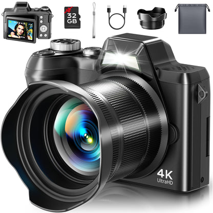4K Digital Camera for Photography Travel, 56MP Autofocus Vlogging Camera for YouTube, 16X Zoom with 3" 180°Flip Screen & Lens Hood, 32GB Card, Gift Ideas for Teens & Beginners