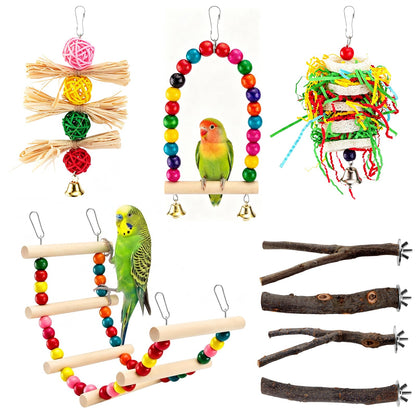 8 PCS Bird Perch Set for Cage - Natural Apple Wood Platforms & Hardwood Branches for Parakeets, Budgies, Cockatiels - Small Bird Habitat Gym, Climbing Stand & Safe Chew Toys