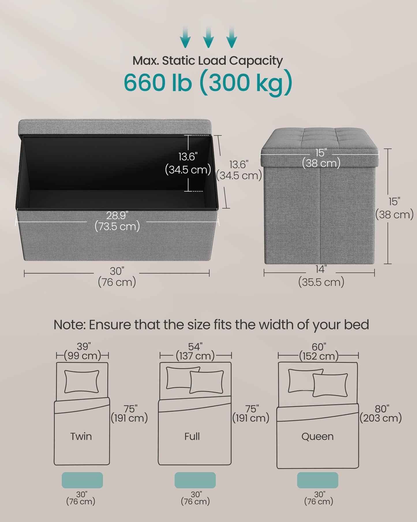 SONGMICS MAZIE Collection - 30 Inches Folding Storage Ottoman Bench, Ottoman Foot Rest, End of Bed Bench, Storage Chest, Load 660 lb, for Living Room, Bedroom, Entryway, Dark Gray ULSF47K
