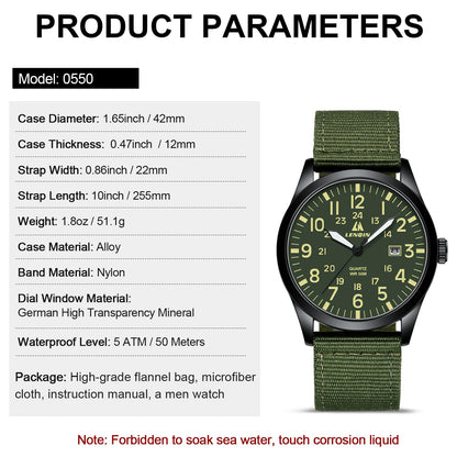 LN LENQIN Mens Watches Unisex Military Sport Nylon Strap Stylish Luminous Fashion Analog Quartz Watch for Men Waterproof Army Tactical Casual Wristwatch