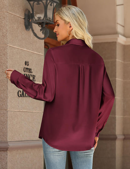 Zeagoo Womens Tops Satin Blouse Long Sleeve Shirts V Neck Dressy Casual | Button Down Business Outfits Fall Fashion With Pockets