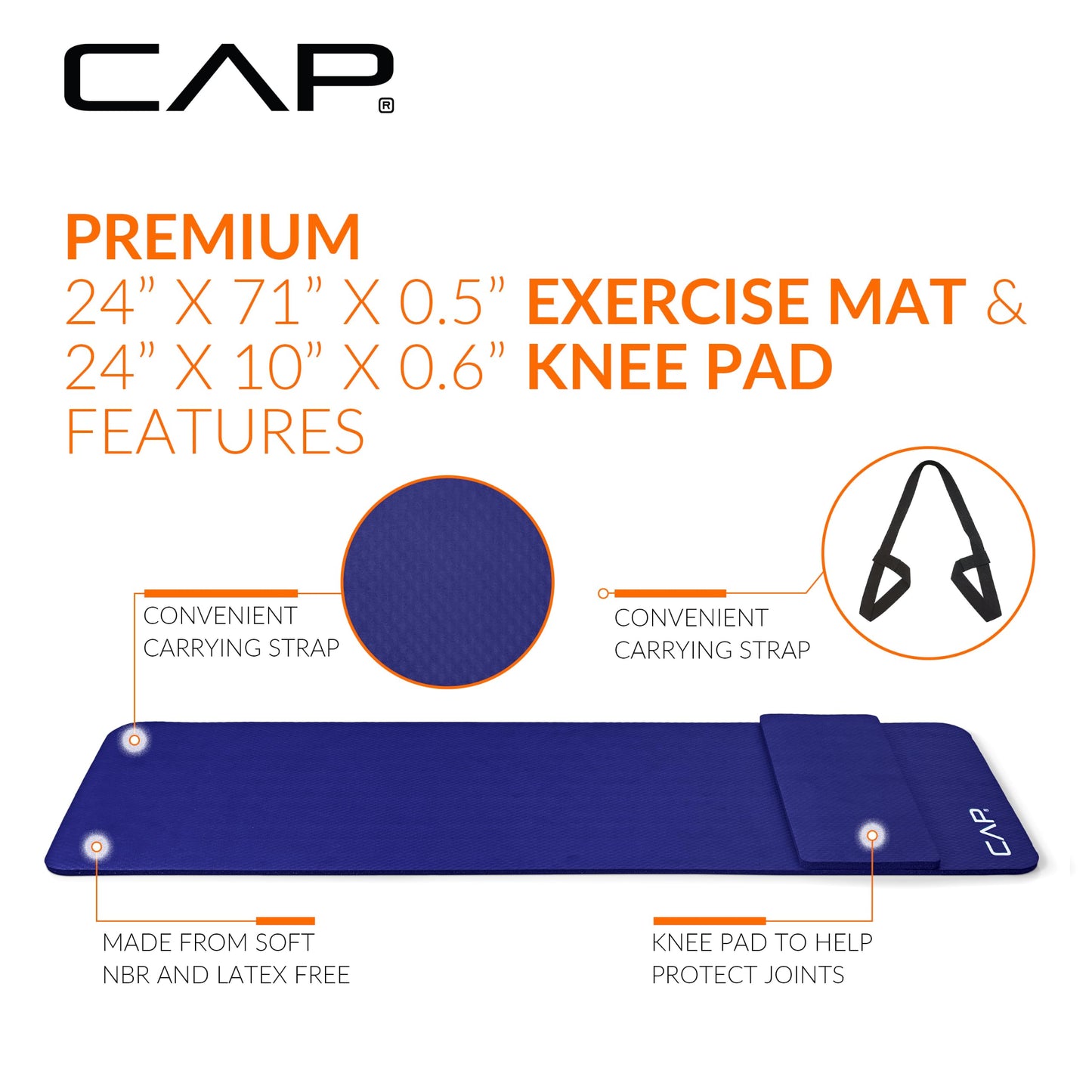 CAP Barbell 1/2-Inch High Density Exercise Yoga Mat with Strap | Multiple Options