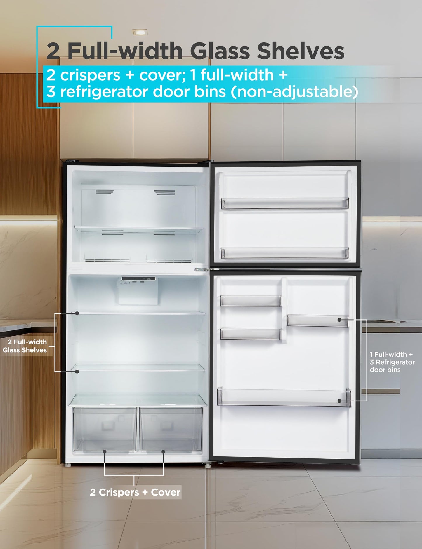 BLACK+DECKER 16.4 Cu. Ft. Top Mount Refrigerator with Freezer, 2 Door Refrigerator with Top Freezer and Separate Temperature Controls, Auto Defrost, BR1640KW, White