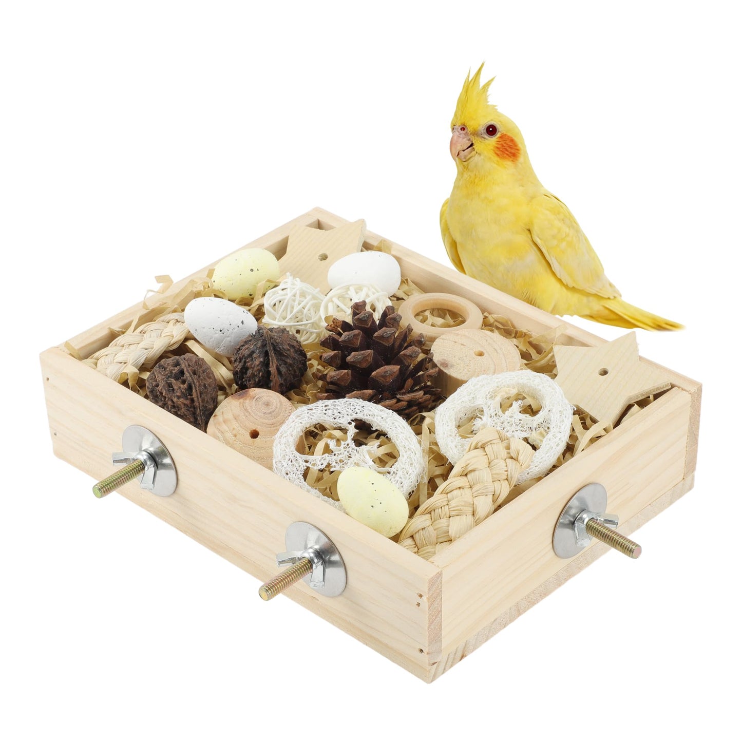 Bird Foraging Toys Box, Wooden Foraging and Shredding Toy for Birds, Bird Box for Mental Stimulation, Wood Colour