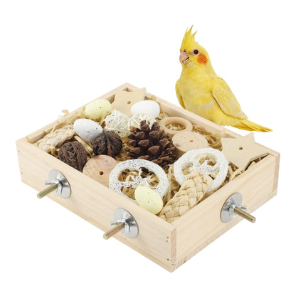 Bird Foraging Toys Box, Wooden Foraging and Shredding Toy for Birds, Bird Box for Mental Stimulation, Wood Colour
