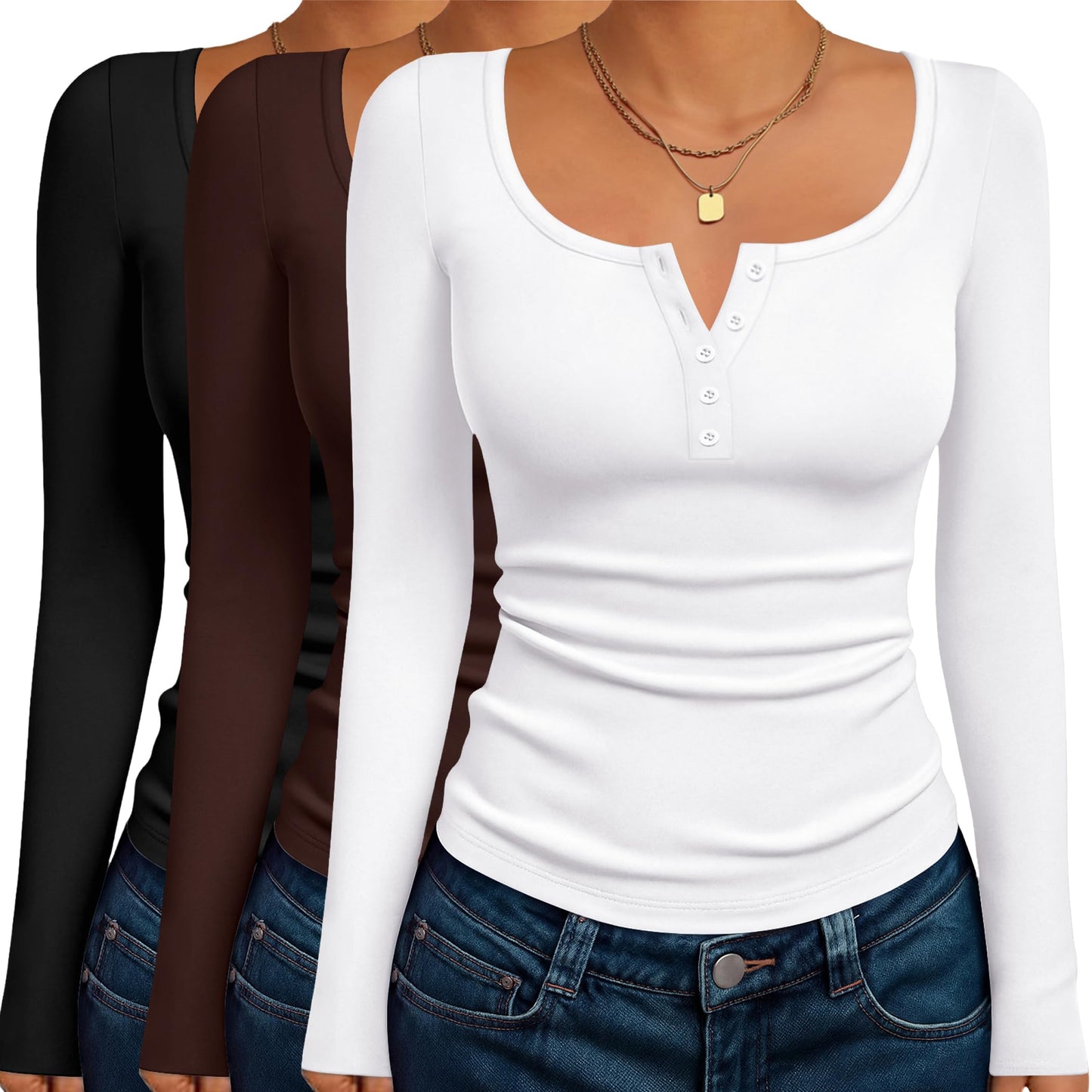 Ekouaer Women's Long Sleeve Henley T Shirts 3 Packs Fall Button Slim Fit Tops Basic Base Layer Soft Thermal Undershirts