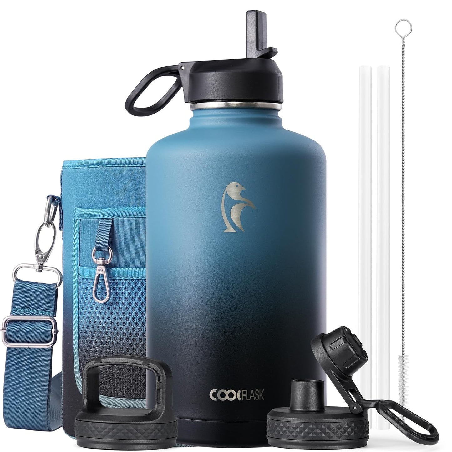 Half Gallon Water Bottle Insulated with Straw & 3 Lids, Coolflask 64 oz Water Jug Large Metal Stainless Steel Wide Mouth for Sports, Gym or Office, Non-BPA Keep Cold 48H Hot 24H, Samurai Cyan
