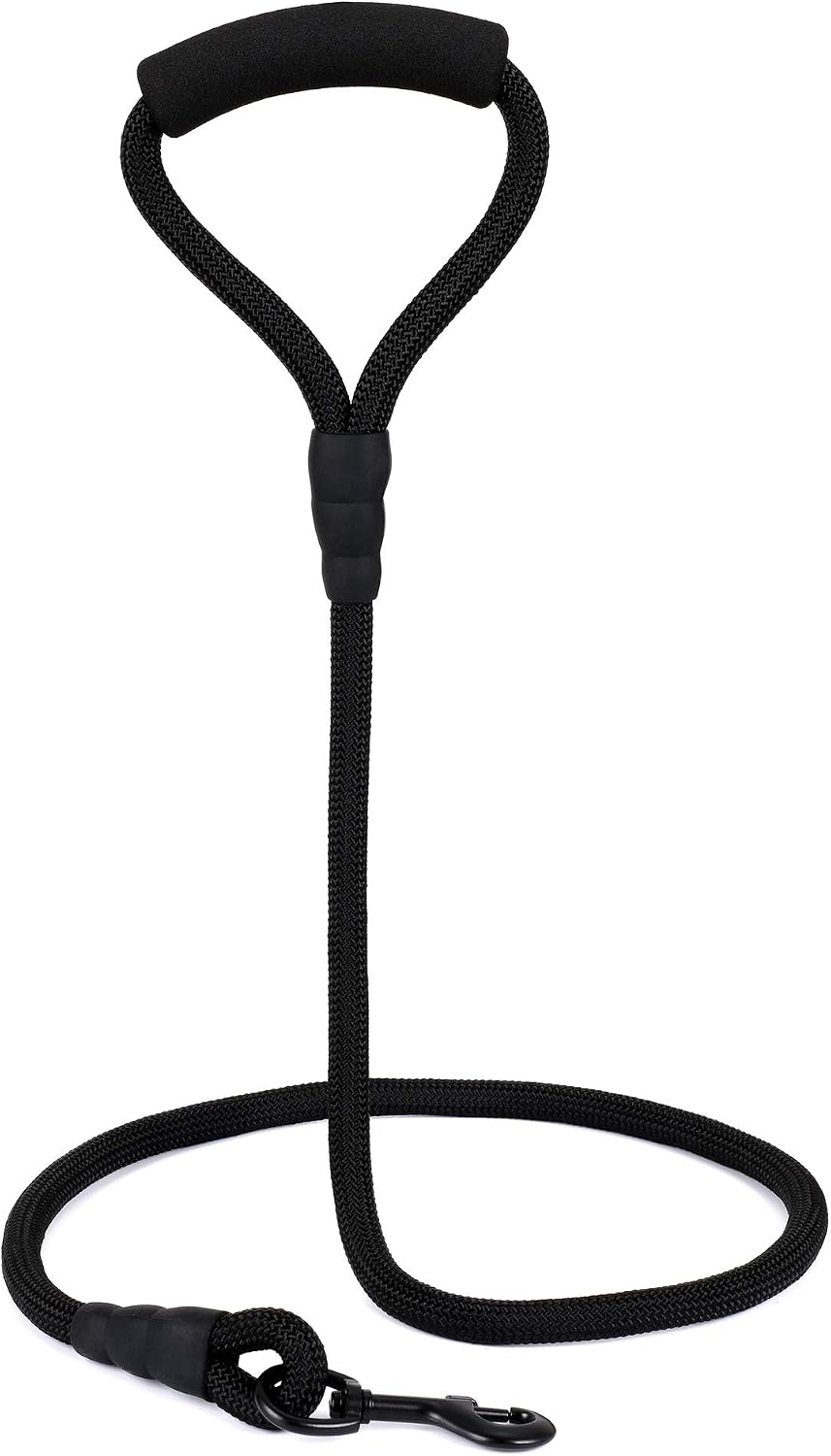 Mile High Life Dog Leash, 5FT x 1/2IN Black, with Padded Handle | Heavy-duty nylon rope leash with soft handle & steel tips. Comfortable grip for daily walks with small to large dogs.