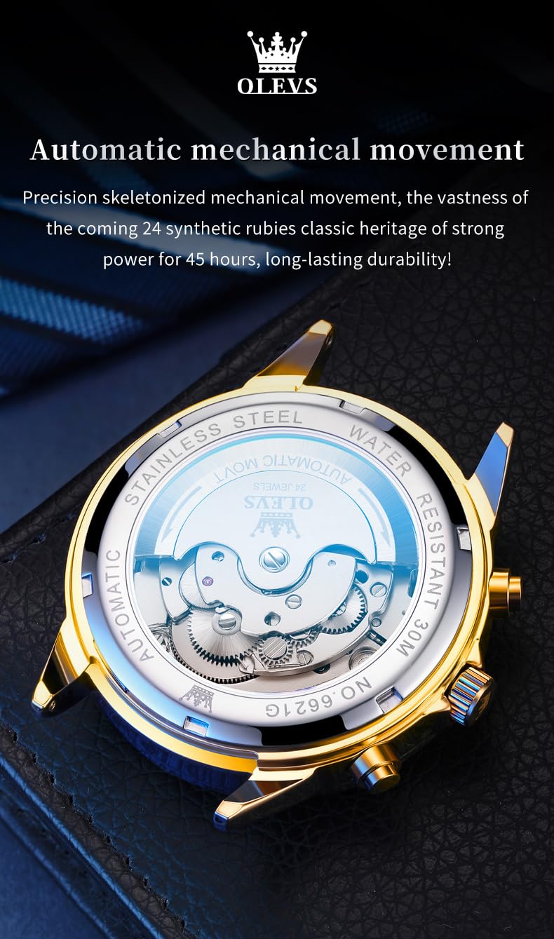 OLEVS Skeleton Men Watches Automatic Business Luxury Diamond Self Winding Watch for Men Stainless Steel Calendar Wrist Watch