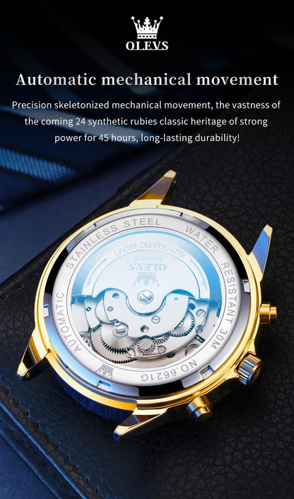 OLEVS Skeleton Men Watches Automatic Business Luxury Diamond Self Winding Watch for Men Stainless Steel Calendar Wrist Watch