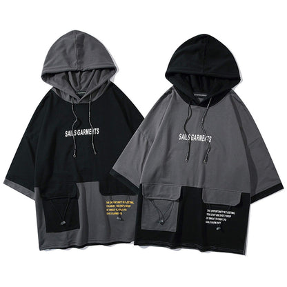 XYXIONGMAO Hooded T-Shirt Loose Large Pockets Colorblock Hoodie Unisex Streetwear Techwear Tee Shirts for Men