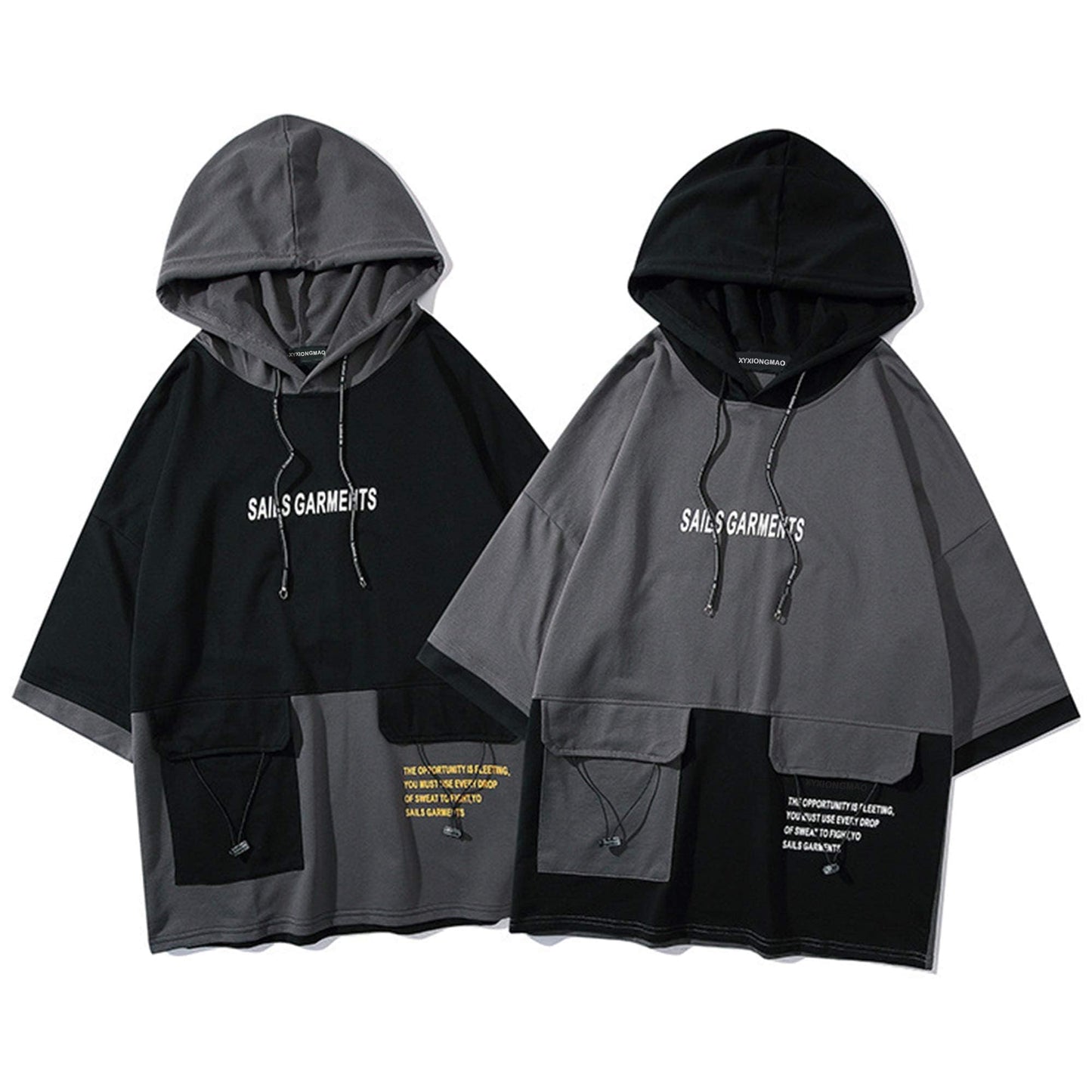 XYXIONGMAO Hooded T-Shirt Loose Large Pockets Colorblock Hoodie Unisex Streetwear Techwear Tee Shirts for Men