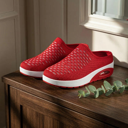Women's Mesh Stretch Knitted Air Cushion Mule Clogs Fashion Comfortable Closed Round Toe Breathable Slip On Wedge Orthopedic Mules Sneaker for Summer Casual Beach Walking Slippers