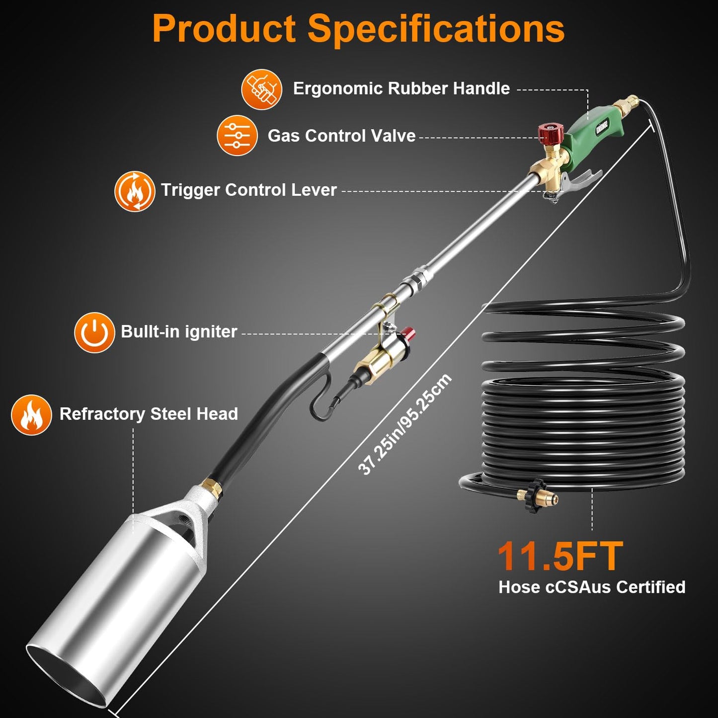 Sondiko Propane Torch Weed Burner, High Output Weed Torch Flamethrower, 30" Detachable Long Arm Heavy Duty Blow Torch For Garden, Wood, Ice, Snow, Melting(PROPANE TANK NOT INCLUDED)