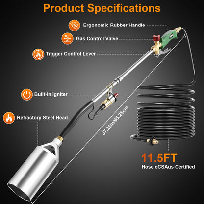 Sondiko Propane Torch Weed Burner, High Output Weed Torch Flamethrower, 30" Detachable Long Arm Heavy Duty Blow Torch For Garden, Wood, Ice, Snow, Melting(PROPANE TANK NOT INCLUDED)