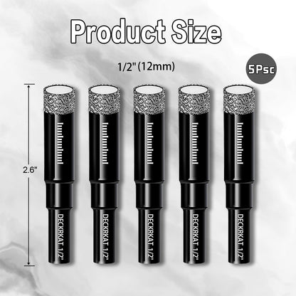 7 Piece Diamond Drill Bits Set, Core Drill Bits for Hard Materials - Tiles Ceramics Glass Stones – Built in Coolant, Fast Dry Drilling - Sizes 3/16" 1/4" 5/16" 3/8" 1/2" - Round Shank, Storage Case