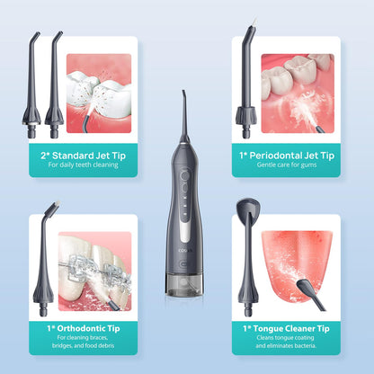COSLUS ADA Accepted Water Dental Flosser Teeth Pick C20: Portable Cordless Oral Irrigator 300ML Rechargeable Travel Irrigation Cleaner IPX7 Waterproof Electric Flossing Machine, Professional Set Black