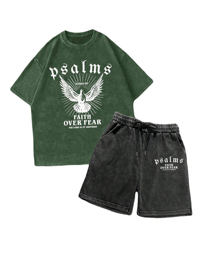 BEAUDRM Men's Y2k 2 Piece Vintage Outfits Punk Grunk Graphic Wash Short Sleeve T-Shirt and Drawstring Shorts Streetwear