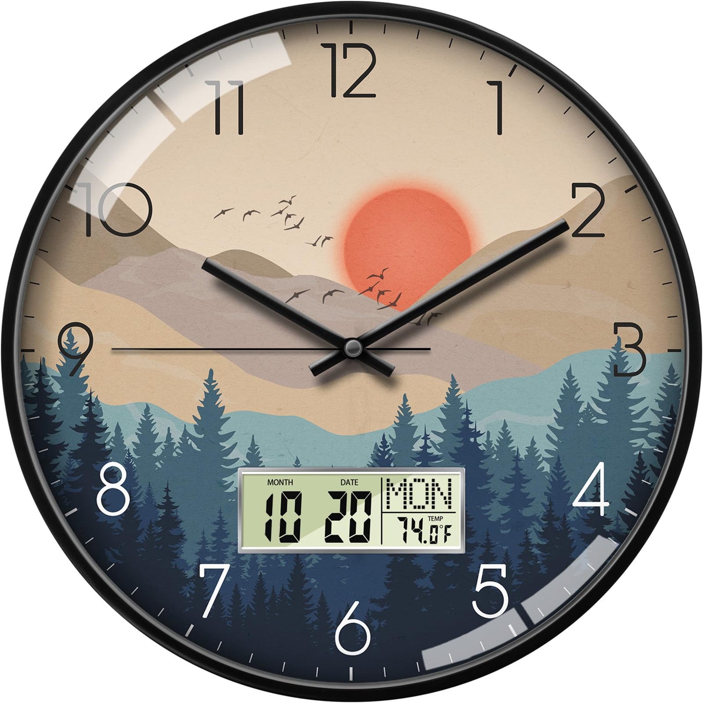 Wilderness Sunset Wall Clock, 12 Inch Silent Non-Ticking Battery Operated Analog Clock with LCD Date Day Temp Display, Decorative for Living Room, Bedroom, Kitchen, Office, Farmhouse, Cabin