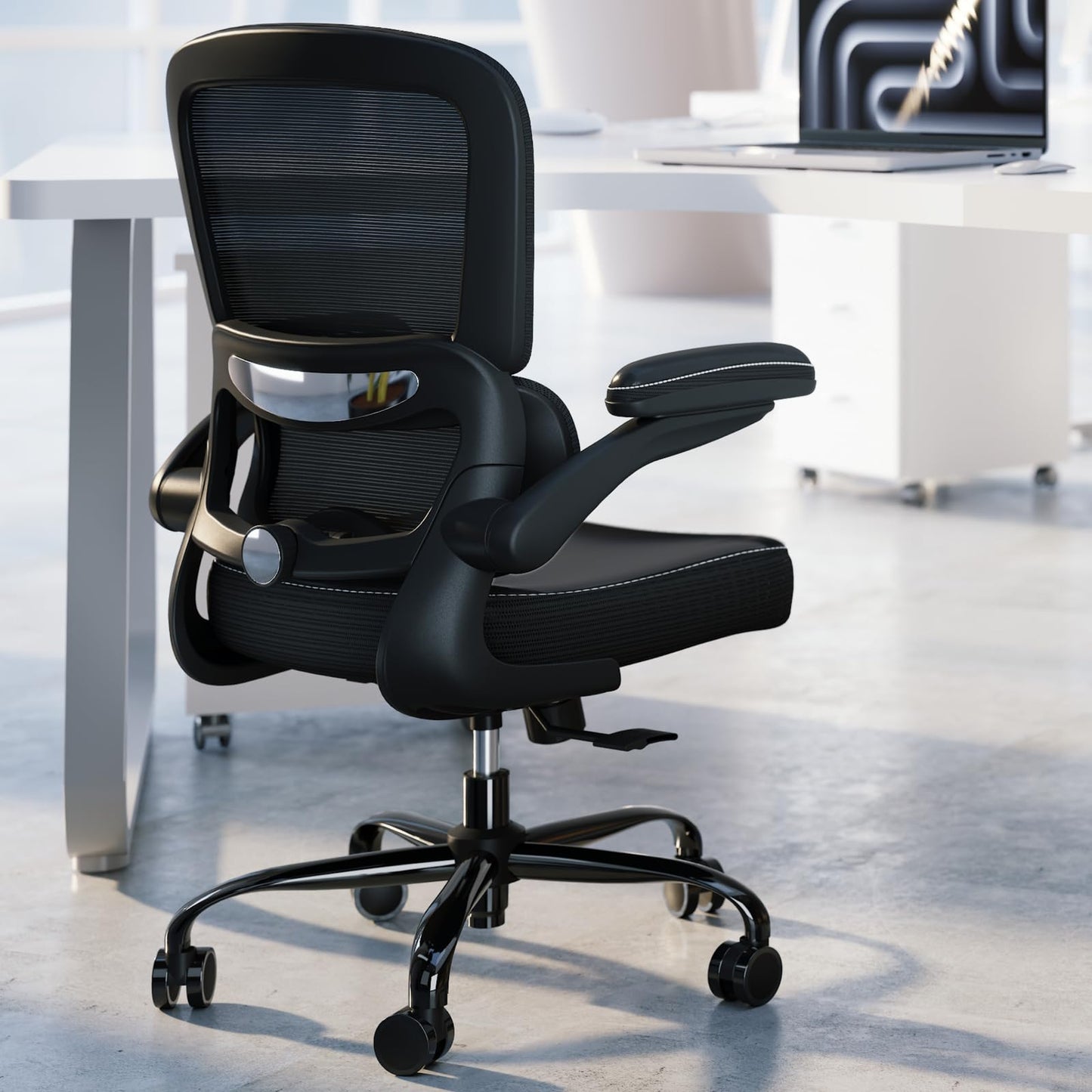 TRALT Ergonomic Office Chair - Desk Chair with Adjustable Lumbar Support Computer Chair - Mesh Comfy Chair with Flip-up Armrests - Gaming Chairs for Adults Home Office (Leather, White)