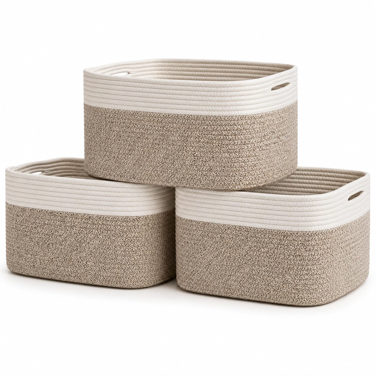 Light Honey Cotton Rope Baskets for Shelves, Set of 3 - 15"×10"×9½" - Woven Storage Baskets for Organizing - Closet, Nursery, Bedroom, Playroom - Toys, Books, Towels, Clothes