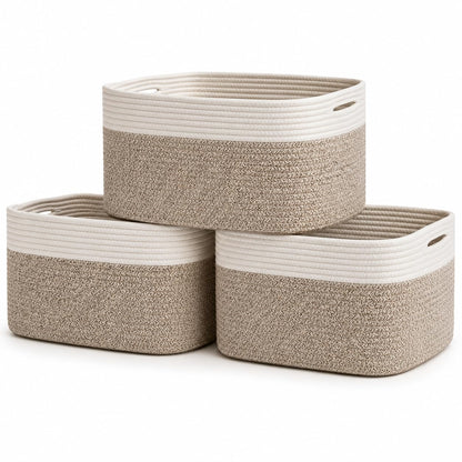 Light Honey Cotton Rope Baskets for Shelves, Set of 3 - 15"×10"×9½" - Woven Storage Baskets for Organizing - Closet, Nursery, Bedroom, Playroom - Toys, Books, Towels, Clothes