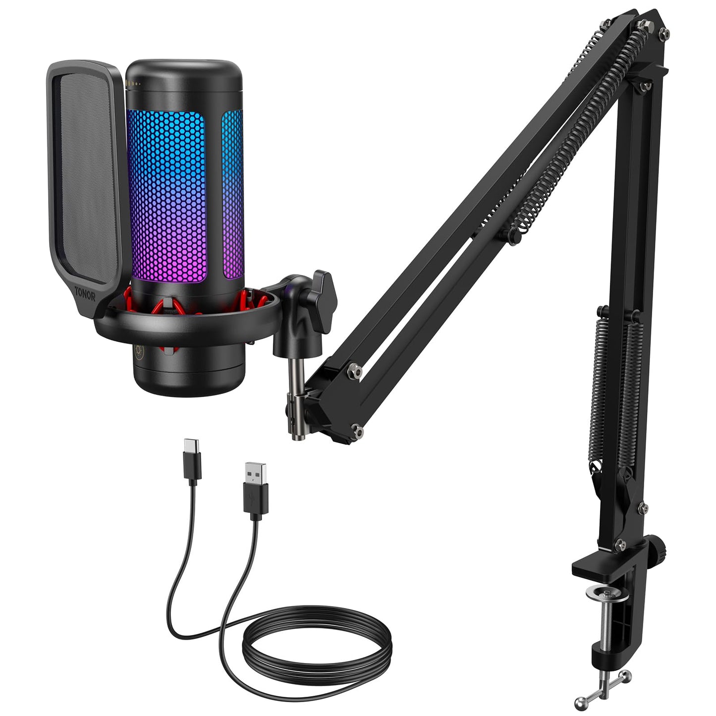 TONOR Gaming Microphone Set with Boom Arm, Vocal Condenser Microphone for PC with Stand, USB Mic with controllable RGB Light, One Tap Mute, Volume Control, for Discord, Twitch Streaming, TC310+