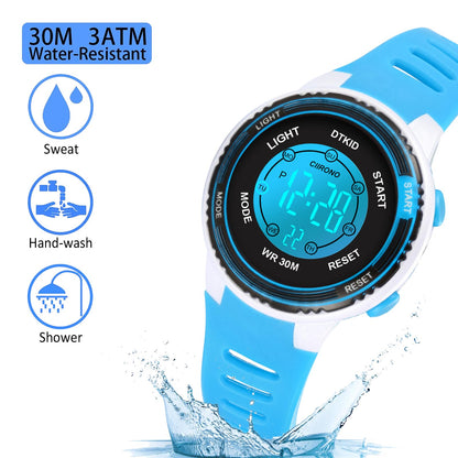 DTKID Digital Kids Watch 30 M Waterproof, 7 Color Lights Time Teaching Watch Easy to Read for Girls Boys 5-16