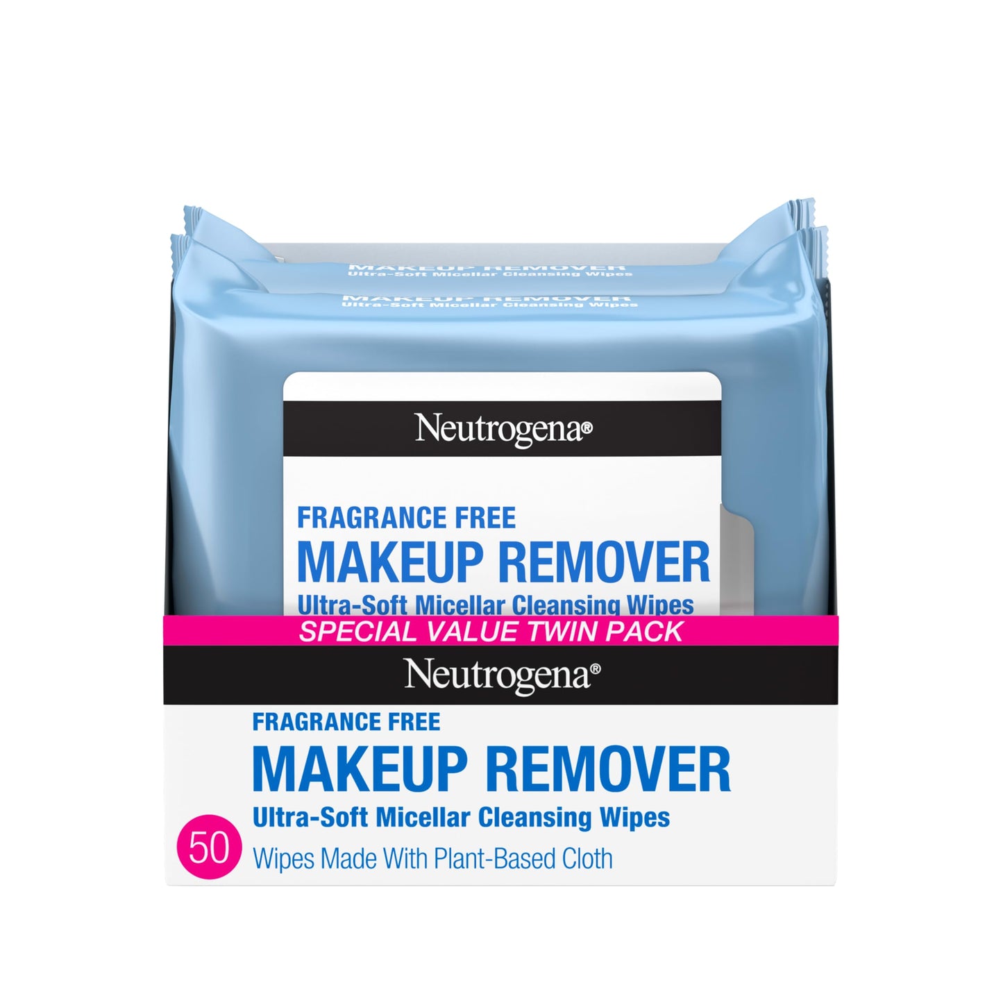 Neutrogena Makeup Remover Wipes for Face Daily Fragrance Free Gently Removes Oil Dirt and Waterproof Makeup in a Simple Fully Plant-Based Cloth, 2 pack of 25 ct