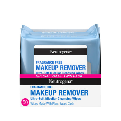 Neutrogena Makeup Remover Wipes for Face Daily Fragrance Free Gently Removes Oil Dirt and Waterproof Makeup in a Simple Fully Plant-Based Cloth, 2 pack of 25 ct