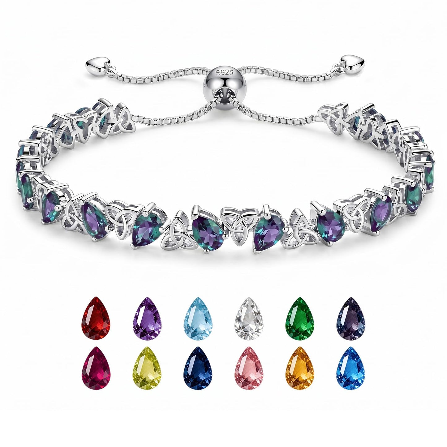 Birthstone Bracelets for Women, Pear Cut Tennis Bracelet 925 Sterling Silver, 6-9 Inch Adjustable Celtic Knot, Anniversary Birthday Jewelry Gifts for Women