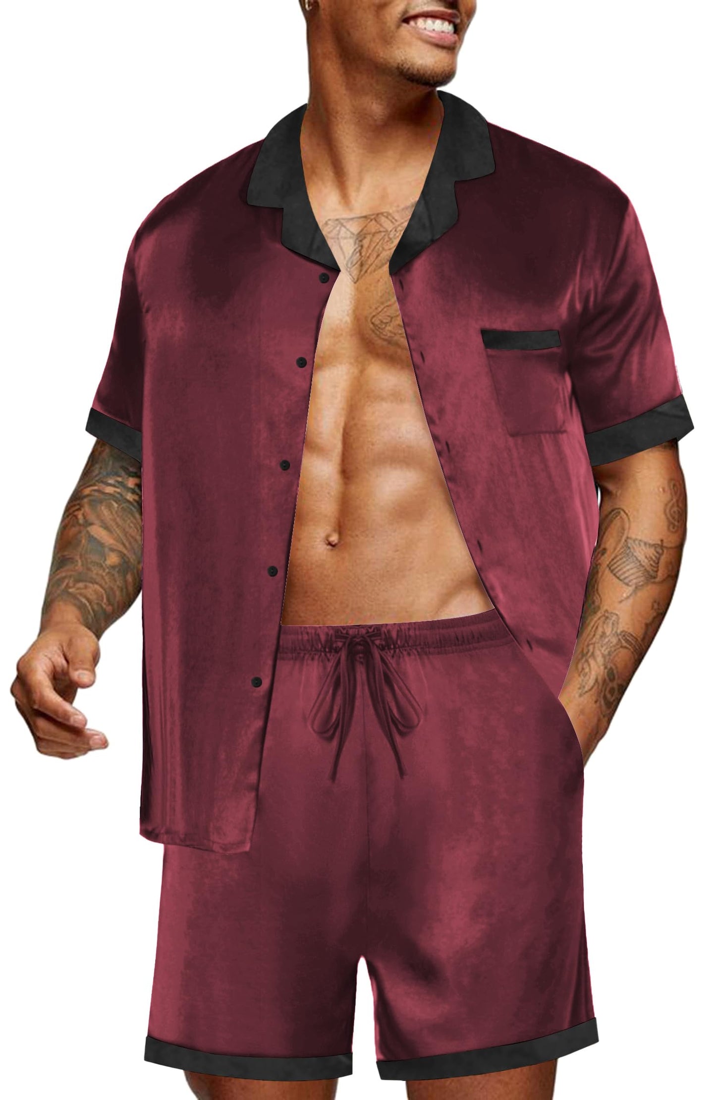 Ekouaer Men Satin Silk Pajamas Set with Pockets Sleepwear Shorts Satin Summer Loungewear 2 Piece Button Down Set S-3XL