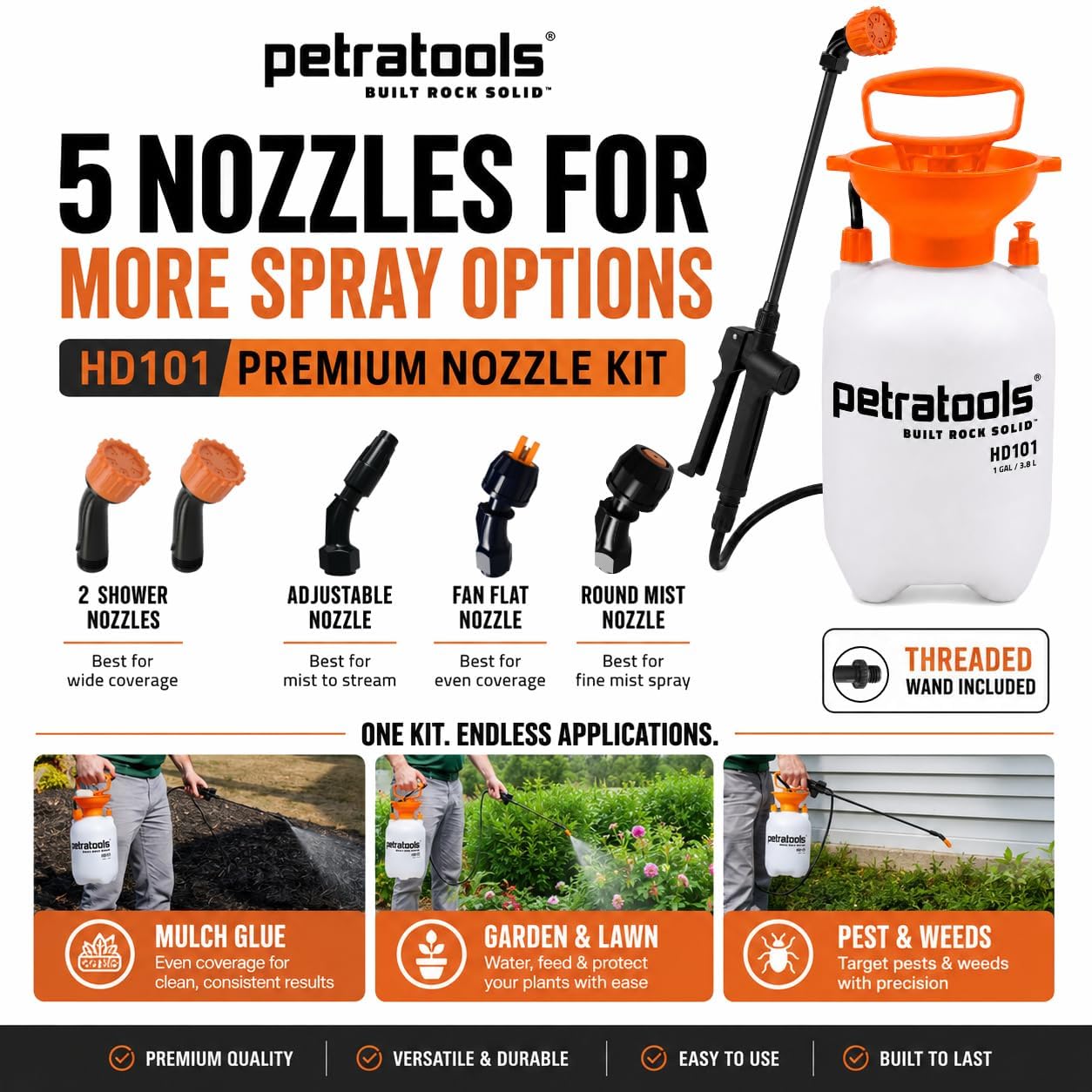 Petratools 1 Gallon Pump Sprayer – HD101 Garden Sprayer for Weeds, Lawn Care & Pesticides – 52” Long Hose, 2 Nozzles & Easy Carry Handle – Durable & Lightweight