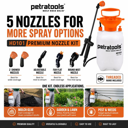 Petratools 1 Gallon Pump Sprayer – HD101 Garden Sprayer for Weeds, Lawn Care & Pesticides – 52” Long Hose, 2 Nozzles & Easy Carry Handle – Durable & Lightweight