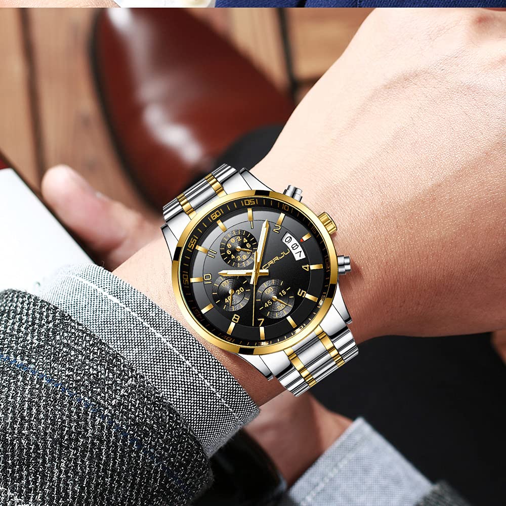 CRRJU Men's Fashion Stainless Steel Watches Date Waterproof Chronograph Wristwatches,Black Steel Band Waterproof Quartz Watch for Men