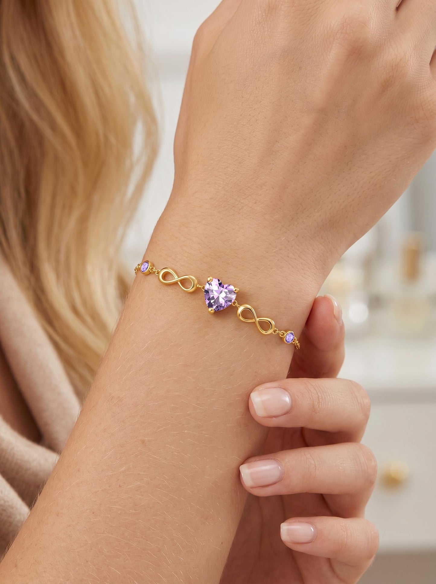14K Gold Infinity Birthstone Bracelets for Women, Infinity Love Heart Birthstone Link Bracelets for Women, 14K Gold Plated Jewelry Birthday Gifts for Wife Girlfriend Mom, 7+2 Inch