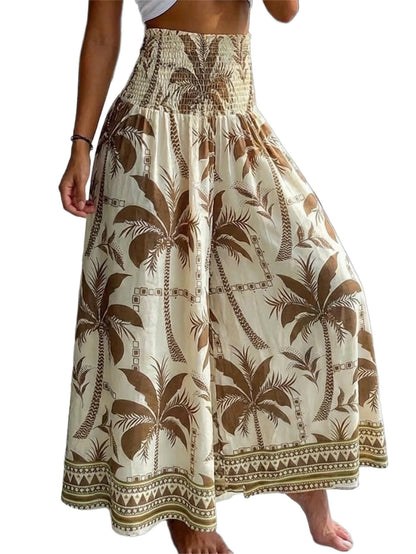 CHICME Boho Floral Shirred High Waisted Wide Leg Pants Flowy Palazzo Pants Summer Beach Vacation Wear
