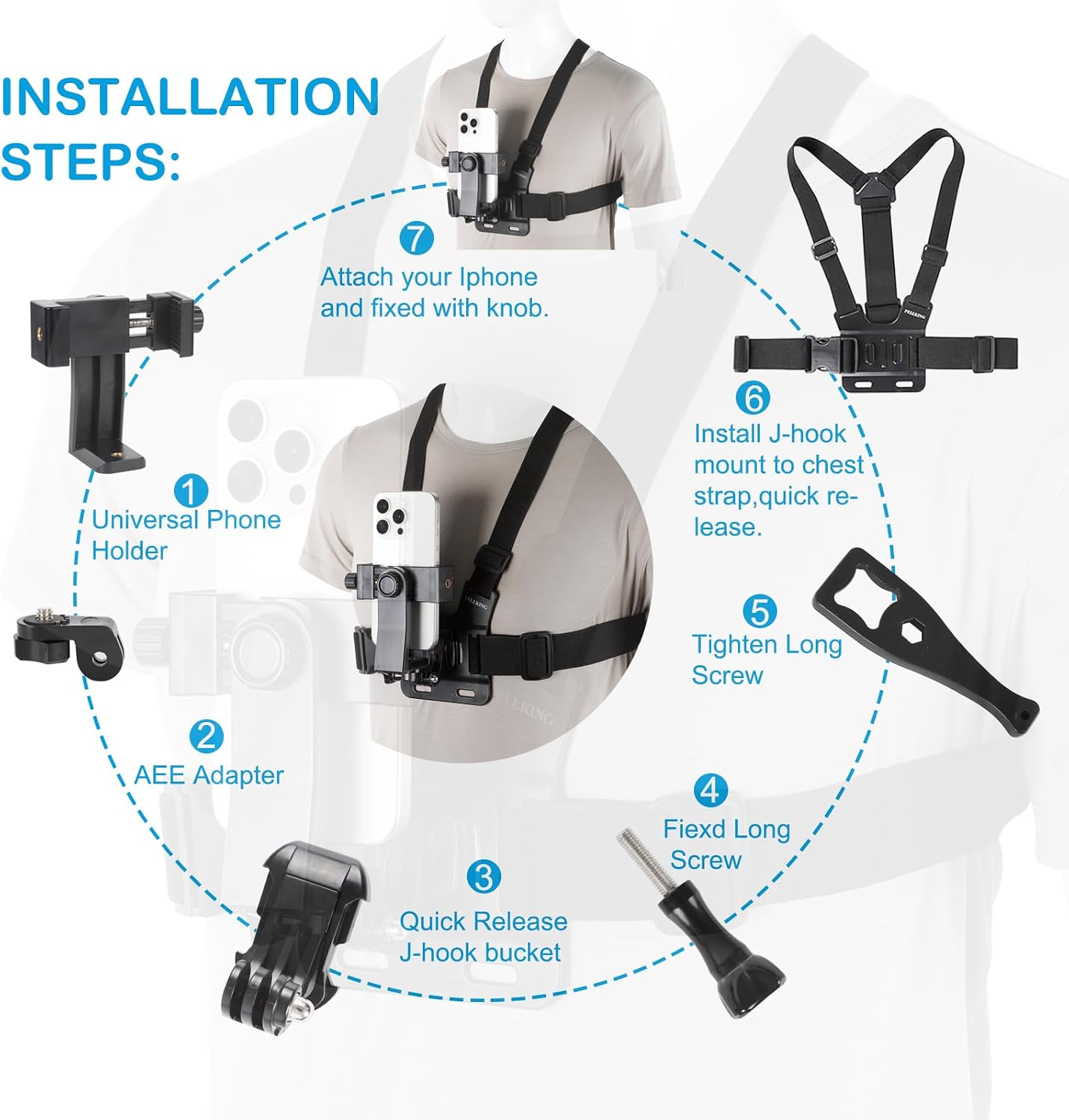PellKing Mobile Phone Chest Mount Harness Strap Holder Cell Phone Clip Action Camera POV for Samsung iPhone Plus etc
