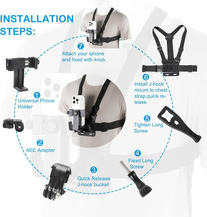 PellKing Mobile Phone Chest Mount Harness Strap Holder Cell Phone Clip Action Camera POV for Samsung iPhone Plus etc