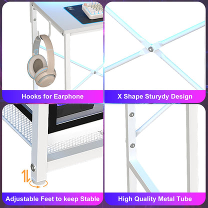 X-cosrack 33.5" Small Gaming Desk with LED Lights & Power Outlets, Compact Computer Desk with Monitor Stand & CPU Stand, Gamer Table with Storage Drawer, Side Hooks for Home Office, Bedroom, Black
