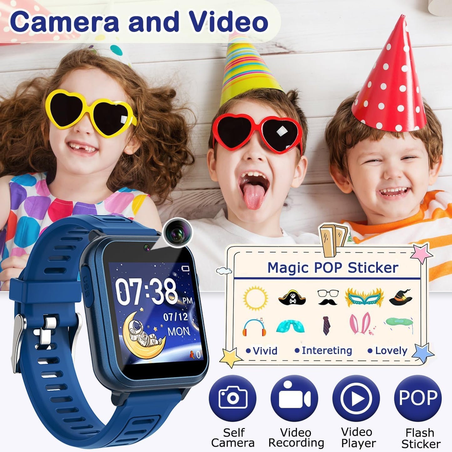 Cosjoype Kids Game Smart Watch for Kids with 39 Puzzle Games HD Touch Screen Camera Music Player Pedometer Alarm Clock Calculator Flashlight 12/24hr Kid Watch Gift for 4-12 Year Old Boys Toys for Kid